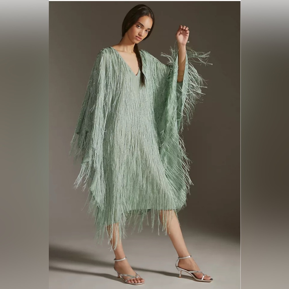 Anthropologie Sage Green Fringe Maxi Dress